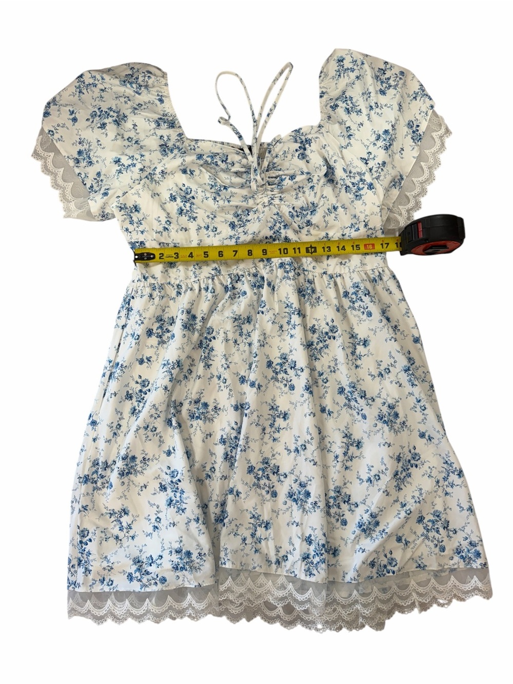 Scarlet Darkness White & Blue Floral Lace-Trim Peasant Dress